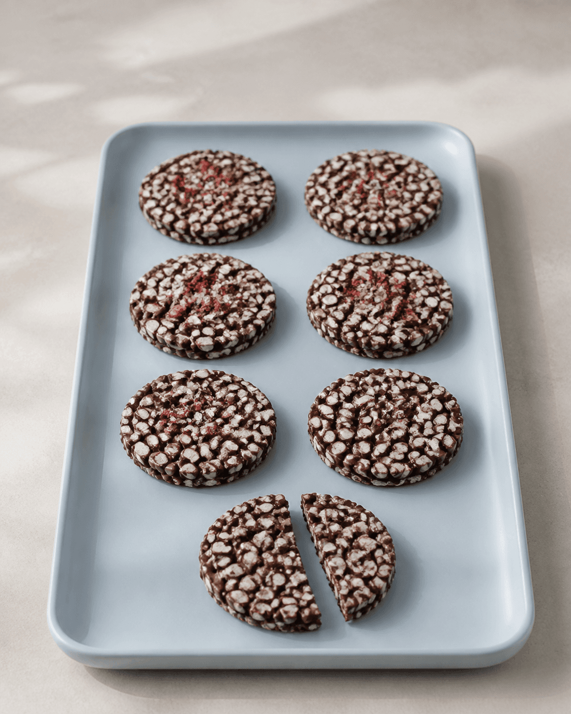 Seks hele runde skiver og én brudt skive af puffede ris og mørk chokolade på lyseblåt fad med havsalt og hindbærstøv