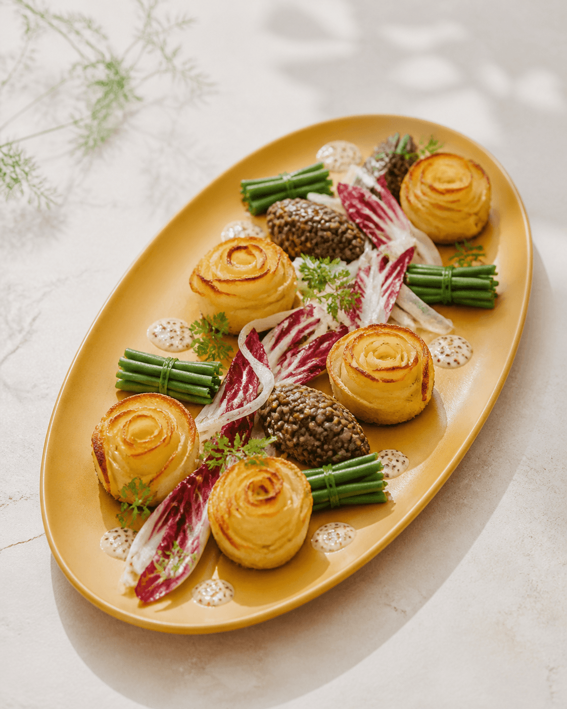 Komponeret fransk bondesalat på okkergult fad med fem kartoffelrosetter, linsequeneller, bønnebundter, fennikel, radicchio og grov sennepsdressing