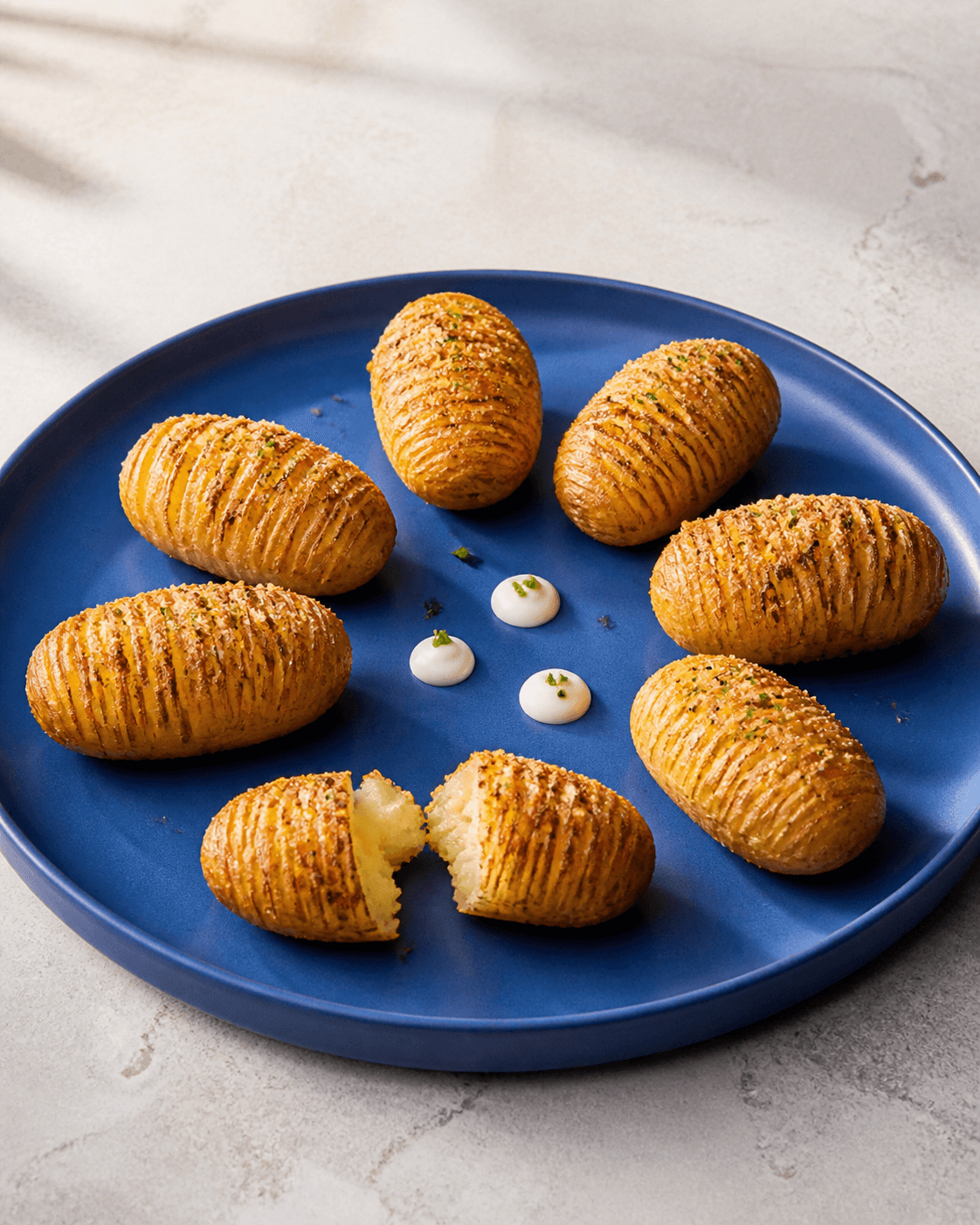 Seks hele accordionkartoffelhapsere og én brudt på koboltblåt fad med osteskorpe, ristet hvidløg, purløg og tre citron-skyrprikker