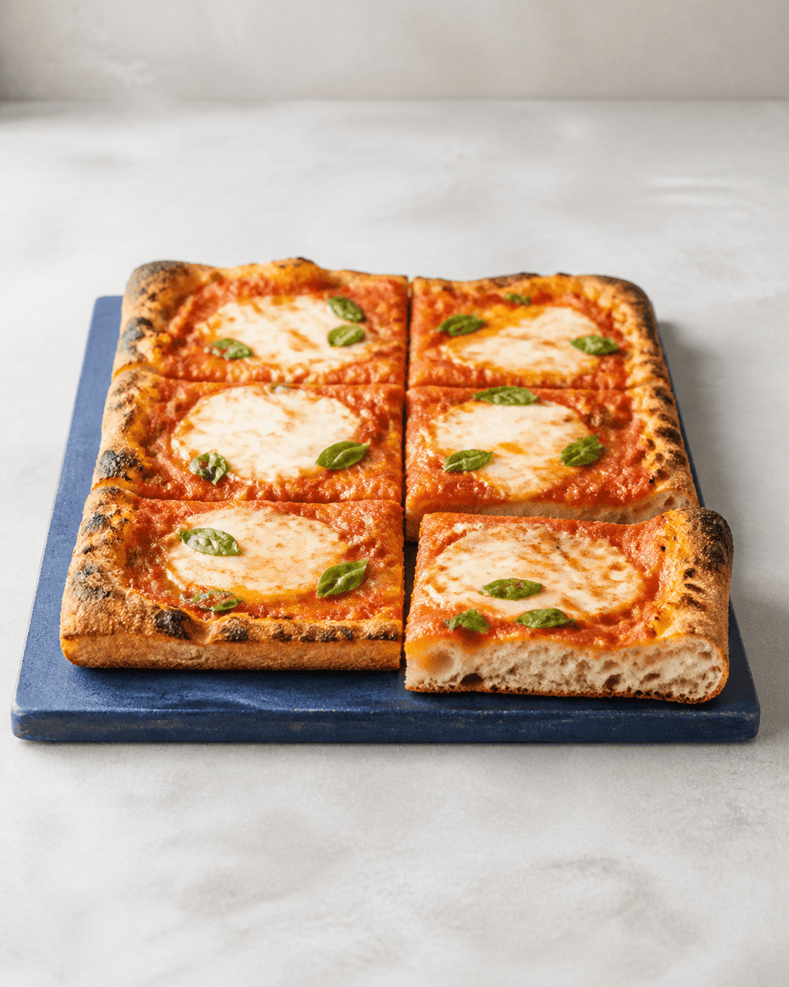 Én rektangulær pizza Margherita skåret i seks kvadrater på koboltblå plade med tomat, mozzarella, basilikum og synlig luftig krumme