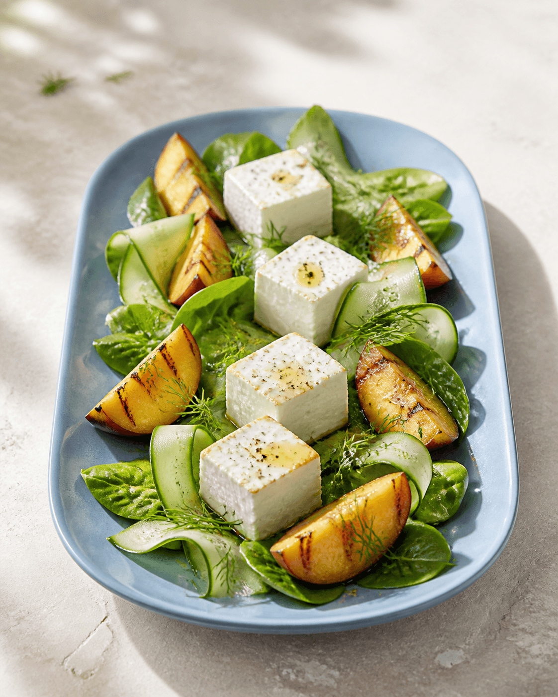 Fire gyldenkantede bagte fetakuber på støvetblåt fad med grillet gul fersken, agurkebånd, spinat, dild og citron-honningvinaigrette
