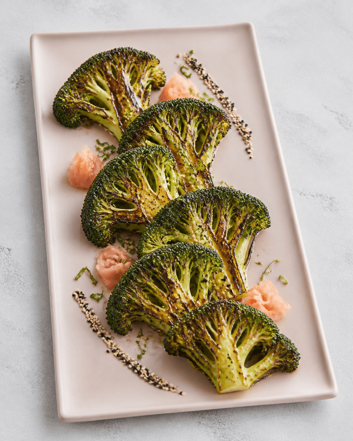 Seks charrede broccolisteaks i vifte på sart rosa fad med tamari-sort-hvidløgsglace, sort-hvid sesam, syltet ingefær og shiso