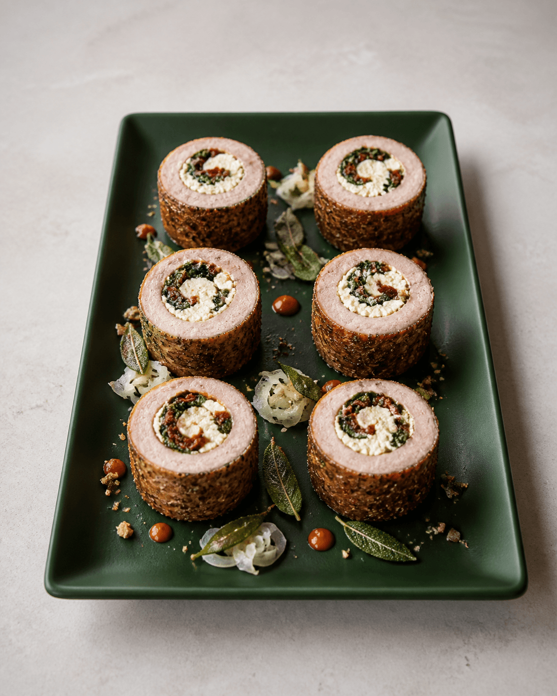 Seks opretstående svinemørbradroulader på mørkegrønt fad med spiral af feta, soltørret tomat og spinat samt peberfrugtjus