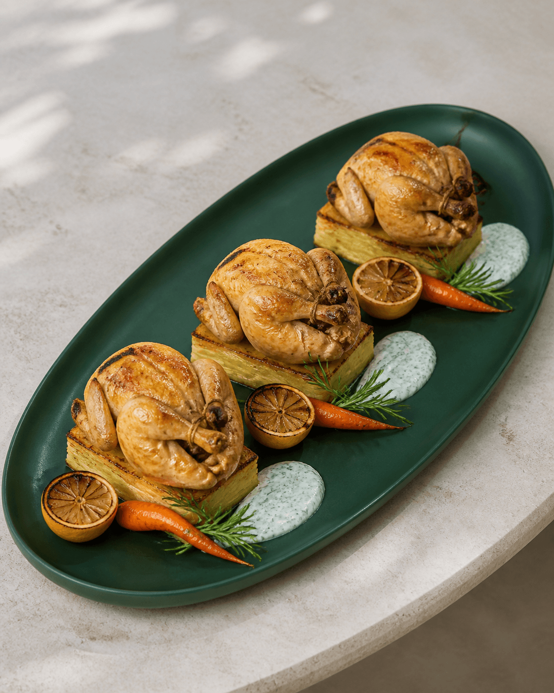 Tre hele gyldne poussiner på mørkegrønt ovalt fad, hver på sprød kartoffelpavé med grillet citron, gulerod, rosmarin og grøn urtedressing