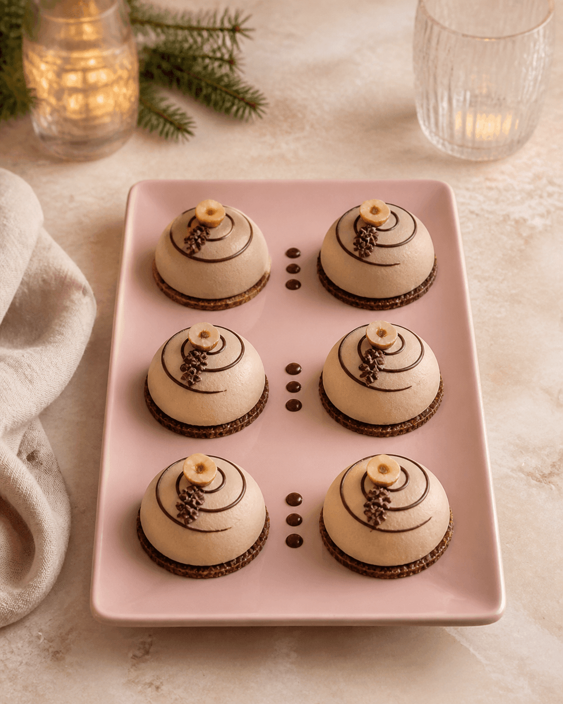 Seks Irish cream-isdomes på rosa fad med mørk chokoladespiral, kakaorugtuile, hasselnød, kakaonibs og espressochokoladesauce