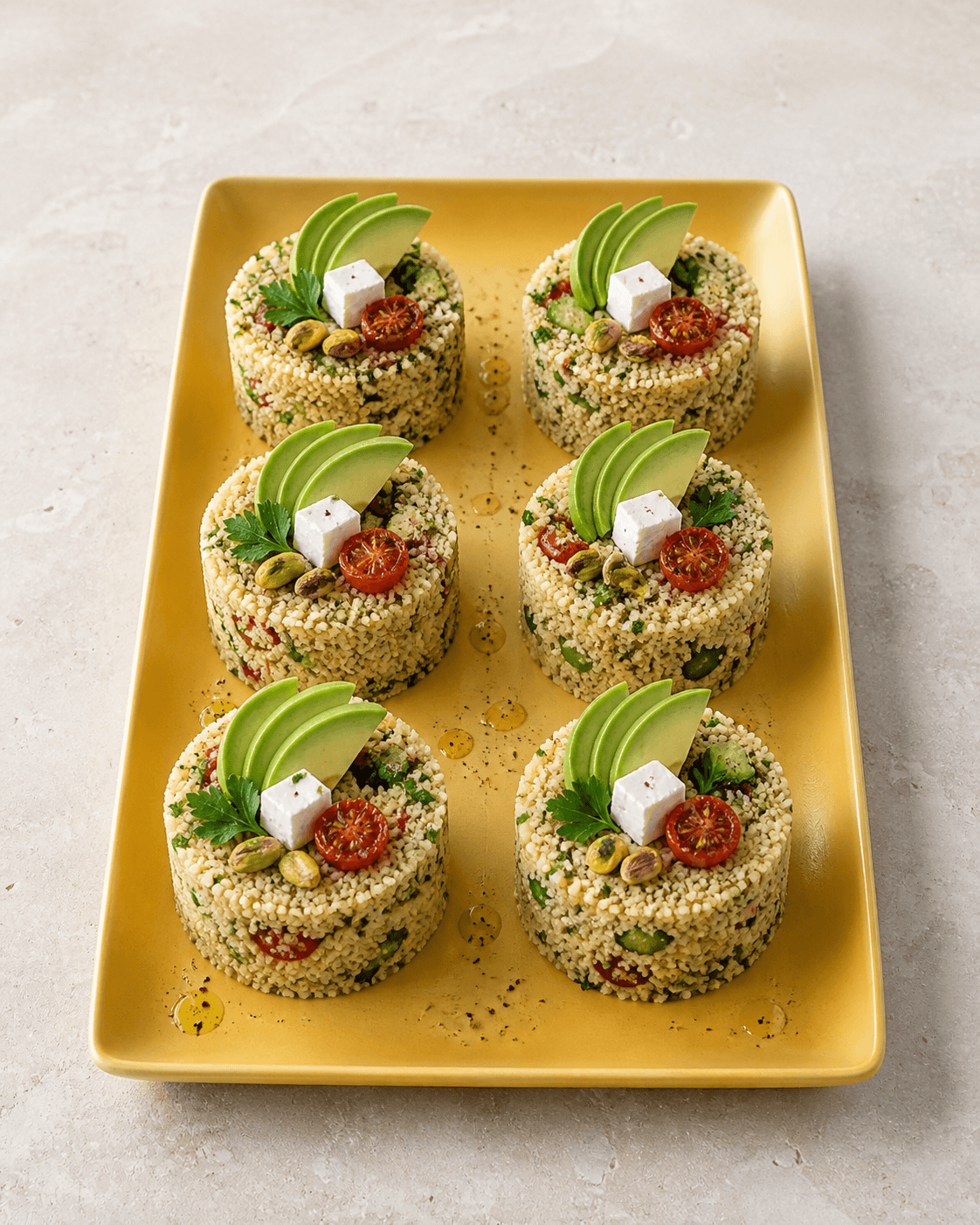Seks couscous-timbaler på safrangult fad med avocadofane, fetaterning, bagt cherrytomat, pistacie, persille og sumak-citronolie