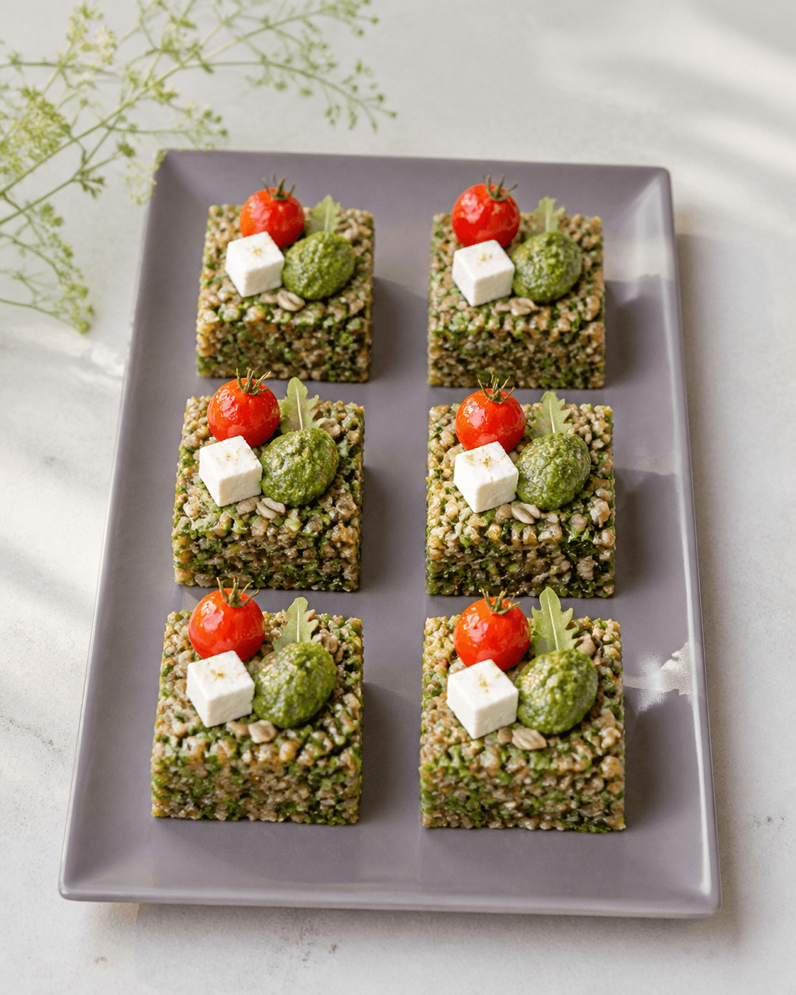 Seks firkantede rugkerneterriner på lavendelgråt fad med bagt cherrytomat, fetaterning, persille-græskarpesto, tre solsikkekerner og rucola