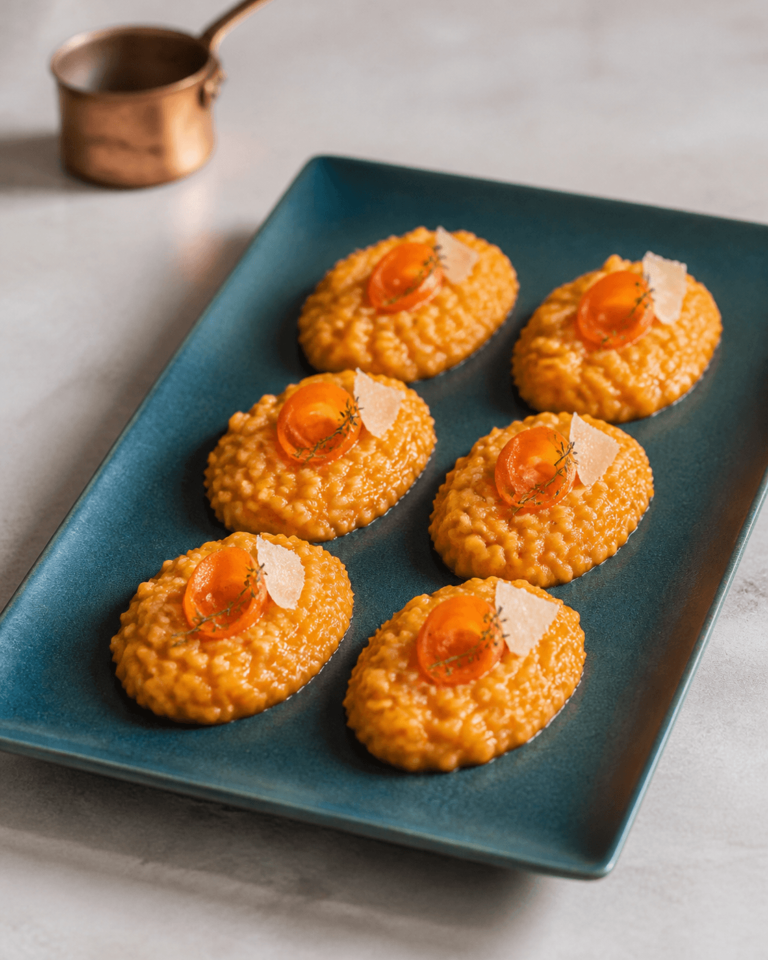 Seks cremede ovale gulerodsrisotto-portioner på mørkt turkis fad med gulerodsbånd, parmesanflage og timian