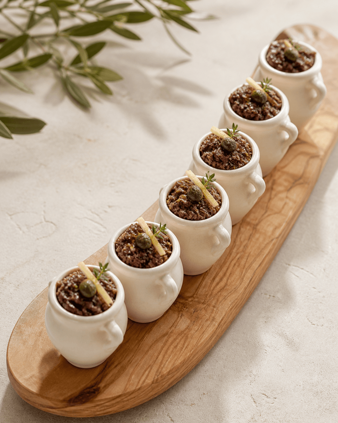 Seks små cremefarvede amforakopper på oliventræsbræt med grov sort oliventapenade, kapers, syltet citron og timian