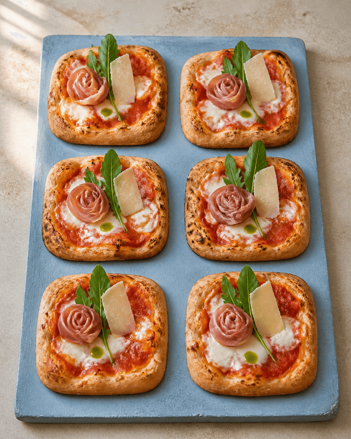 Seks aflange pizzette på isblå plade med tomat, mozzarella, parmaskinkeroset, rucola, parmesansejl og basilikumolie