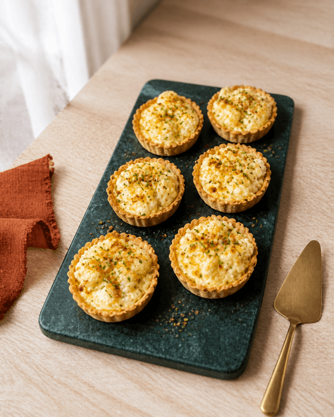 Seks blomkålsgratin-tarteletter på mørkegrønt fad med gylden dej, cremet bechamel, ost, purløg og rugkrumme