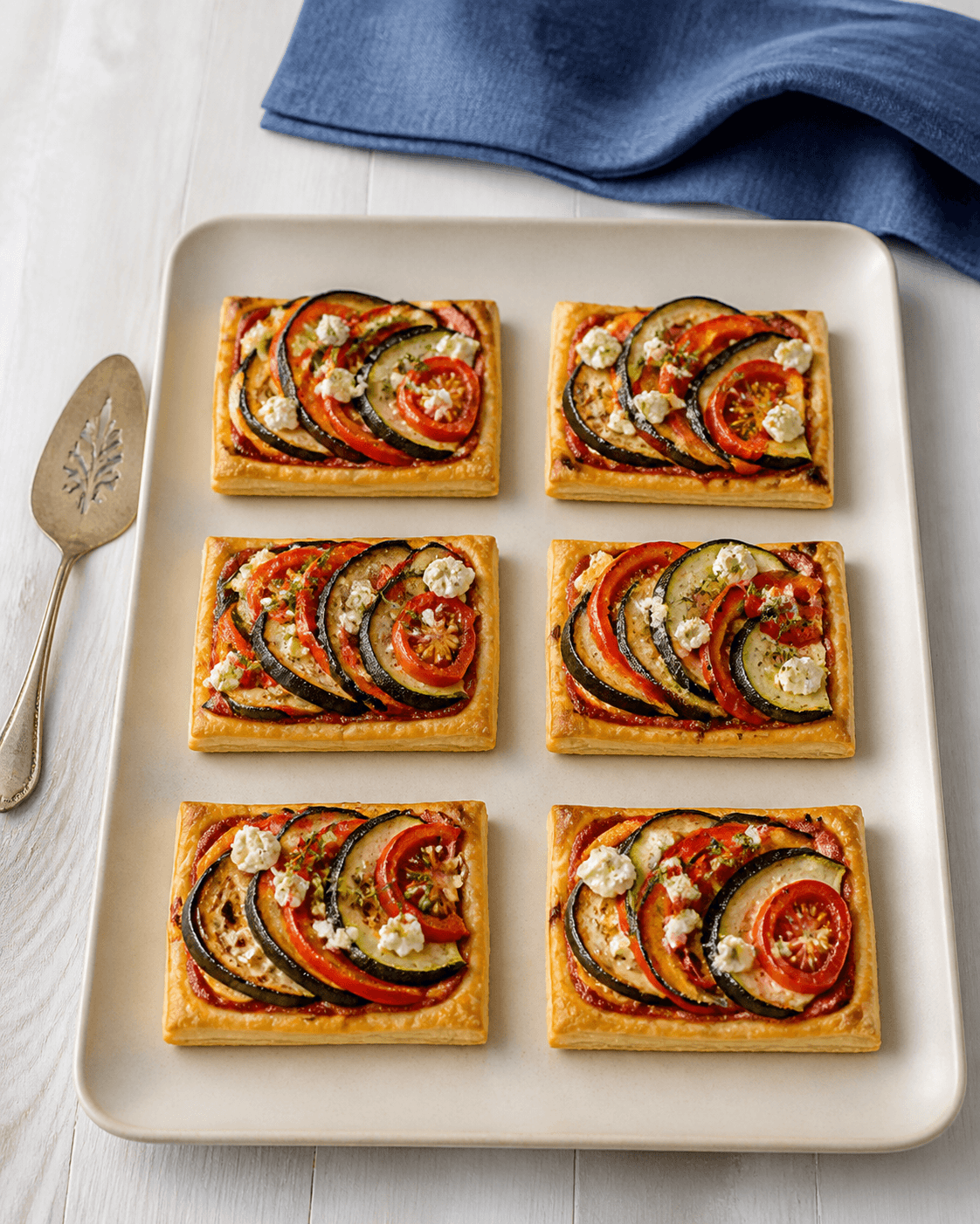 Seks firkantede ratatouille-tarteletter i to gange tre på sandfarvet fad med aubergine, squash, tomat, gedeost og timian