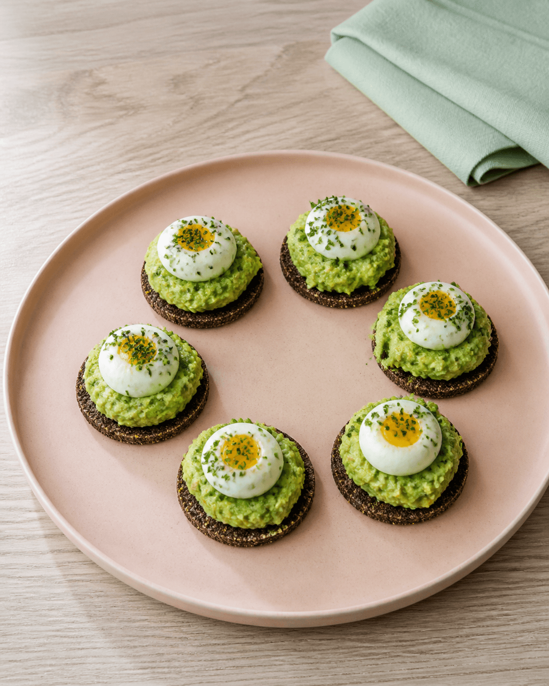 Seks runde rugchips på koralfad med avocadosmash, pocheret vagtelæg, purløg og sort sesam