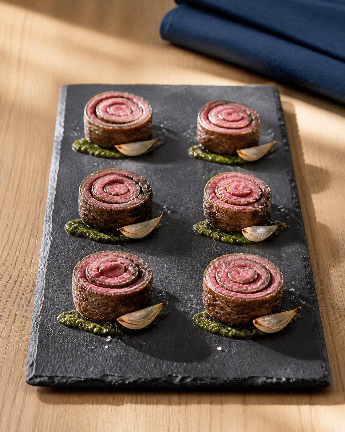 Seks flanksteakspiraler på sort skifer med rosa snit, grøn chimichurri, ristet skalotteløg og flagesalt