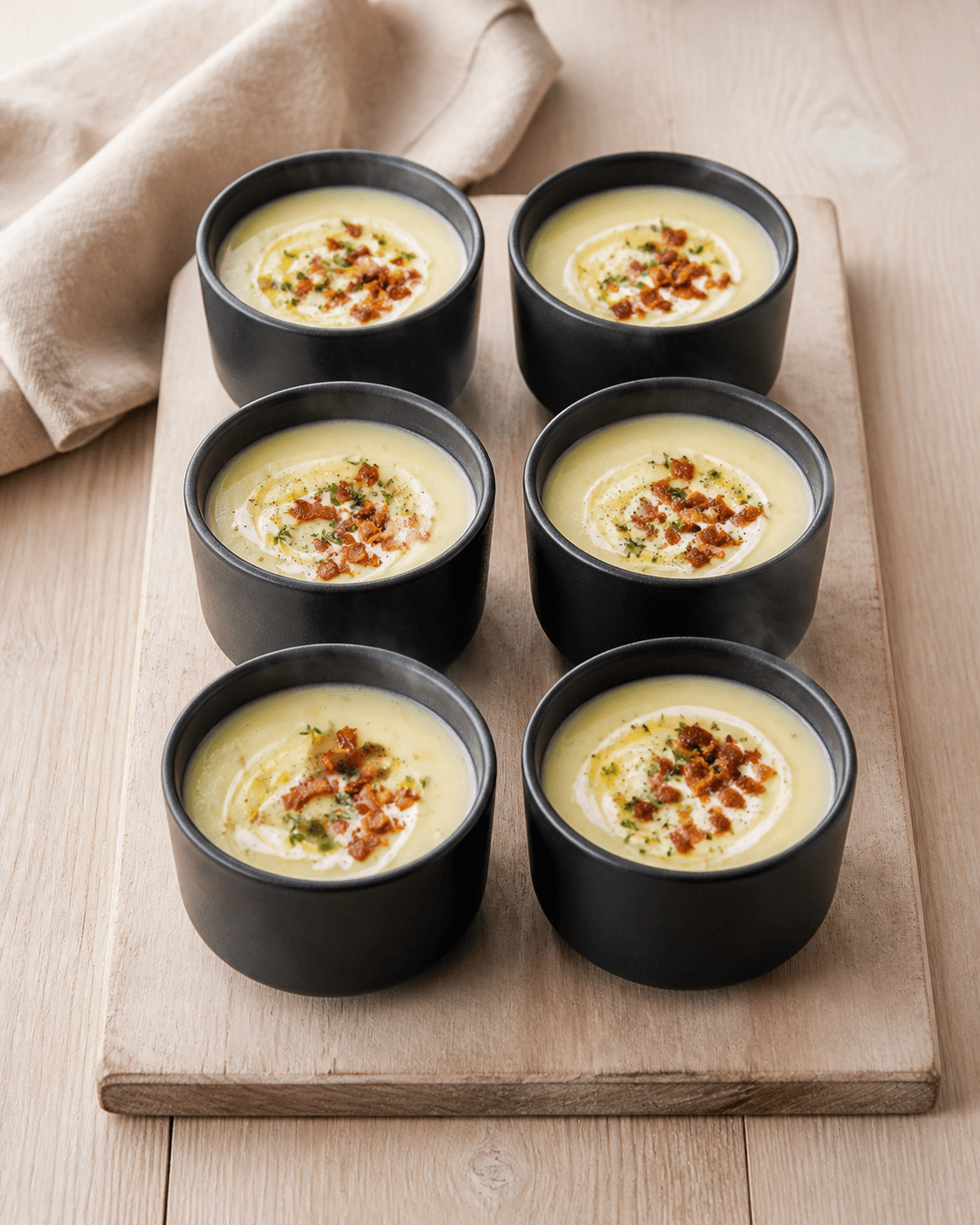 Seks sorte skåle med cremet kartoffelsuppe, cremefraiche, gennemstegt bacon, purløg og timian