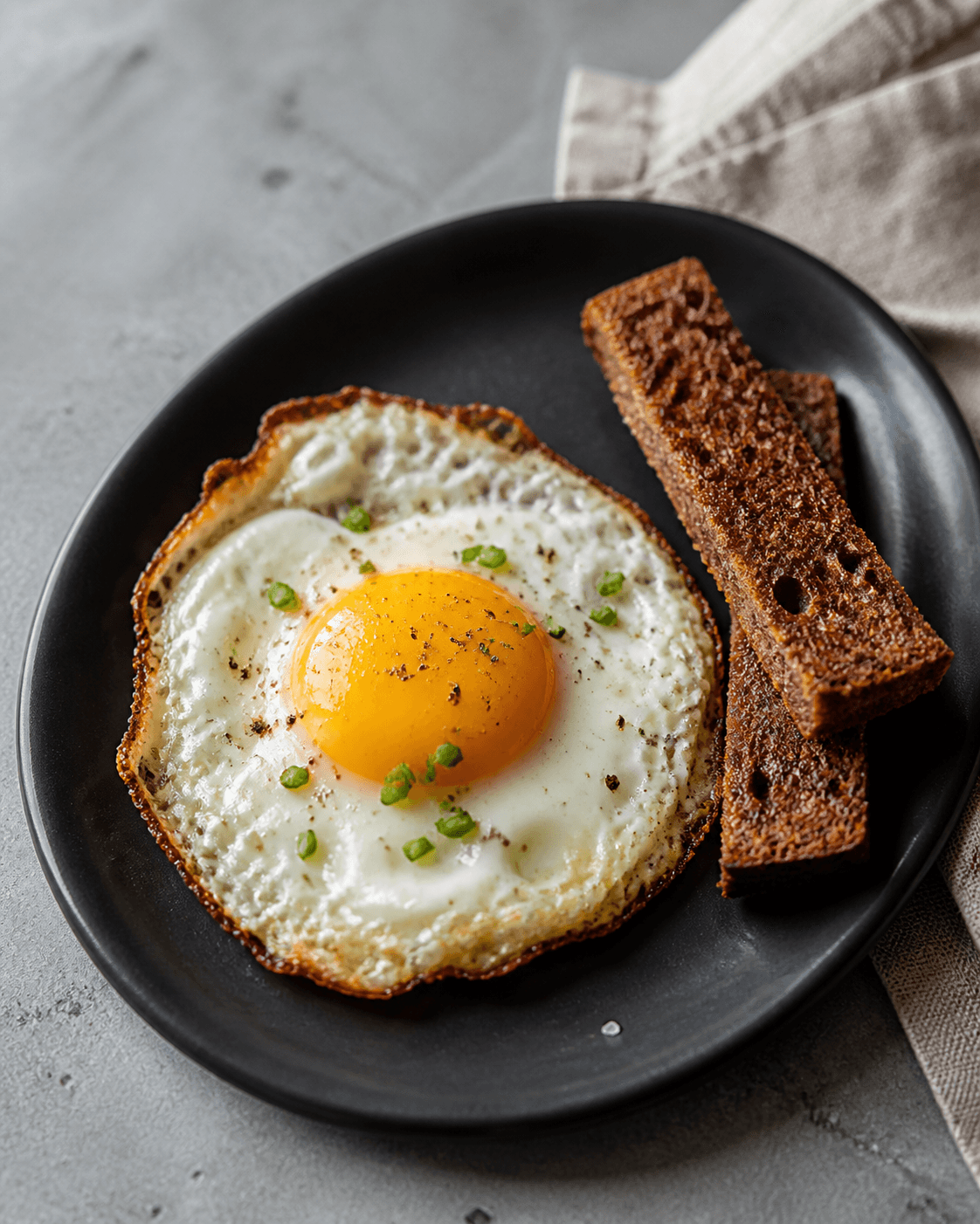 Ét spejlæg med helt fast hvid, sprød gylden kant, blank blomme, purløg og to rugtoaststænger på sort tallerken