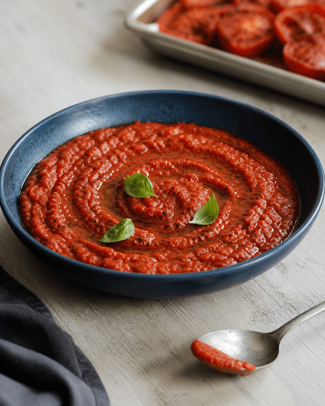 Tyk ovnbagt pizzasauce med skeformet spiral, basilikum, oregano, hvidløg og fennikelfrø i lav koboltblå skål