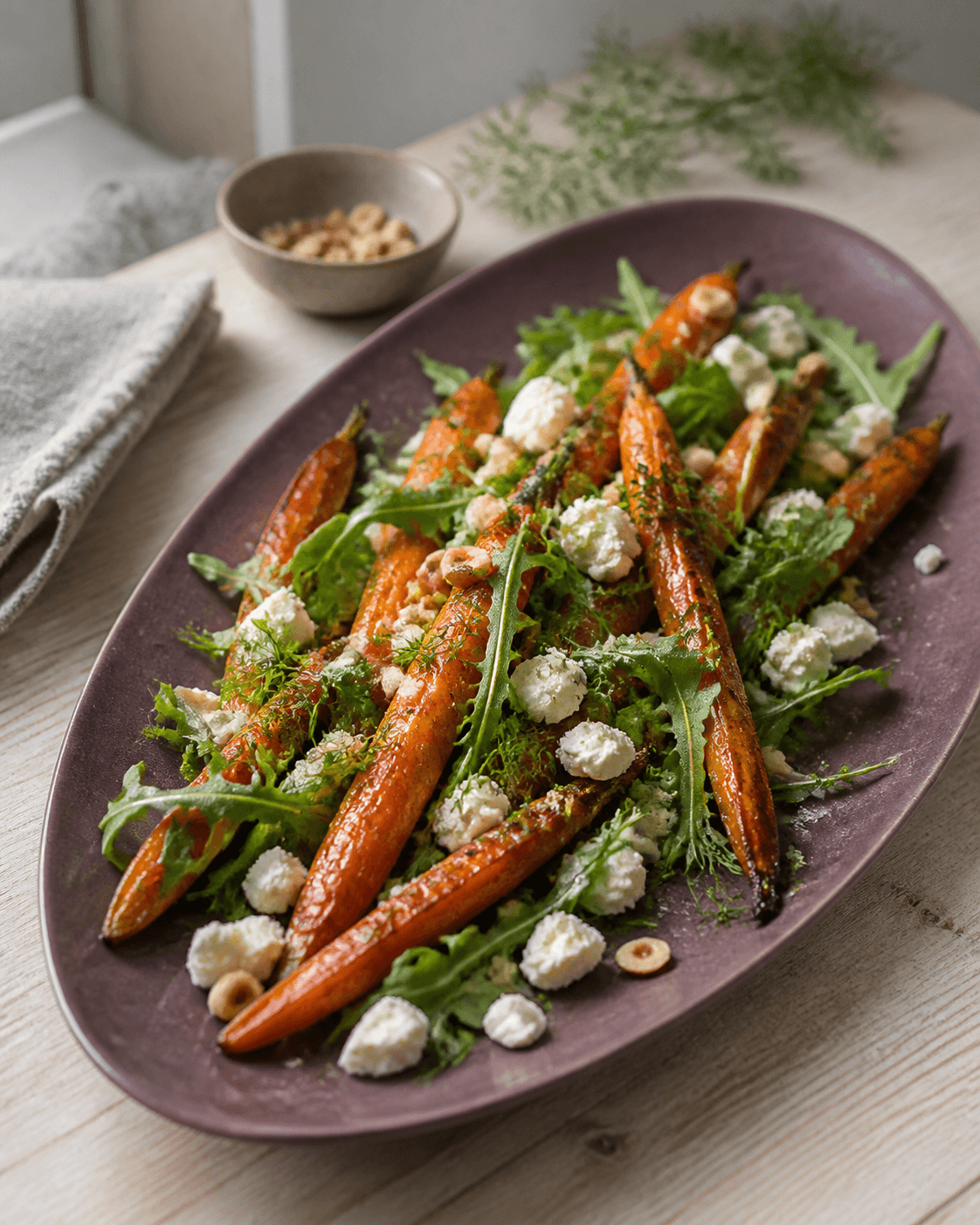 Honningbagte hele gulerødder med mørke kanter, rucola, feta, ristede hasselnødder og dild på blommefarvet fad