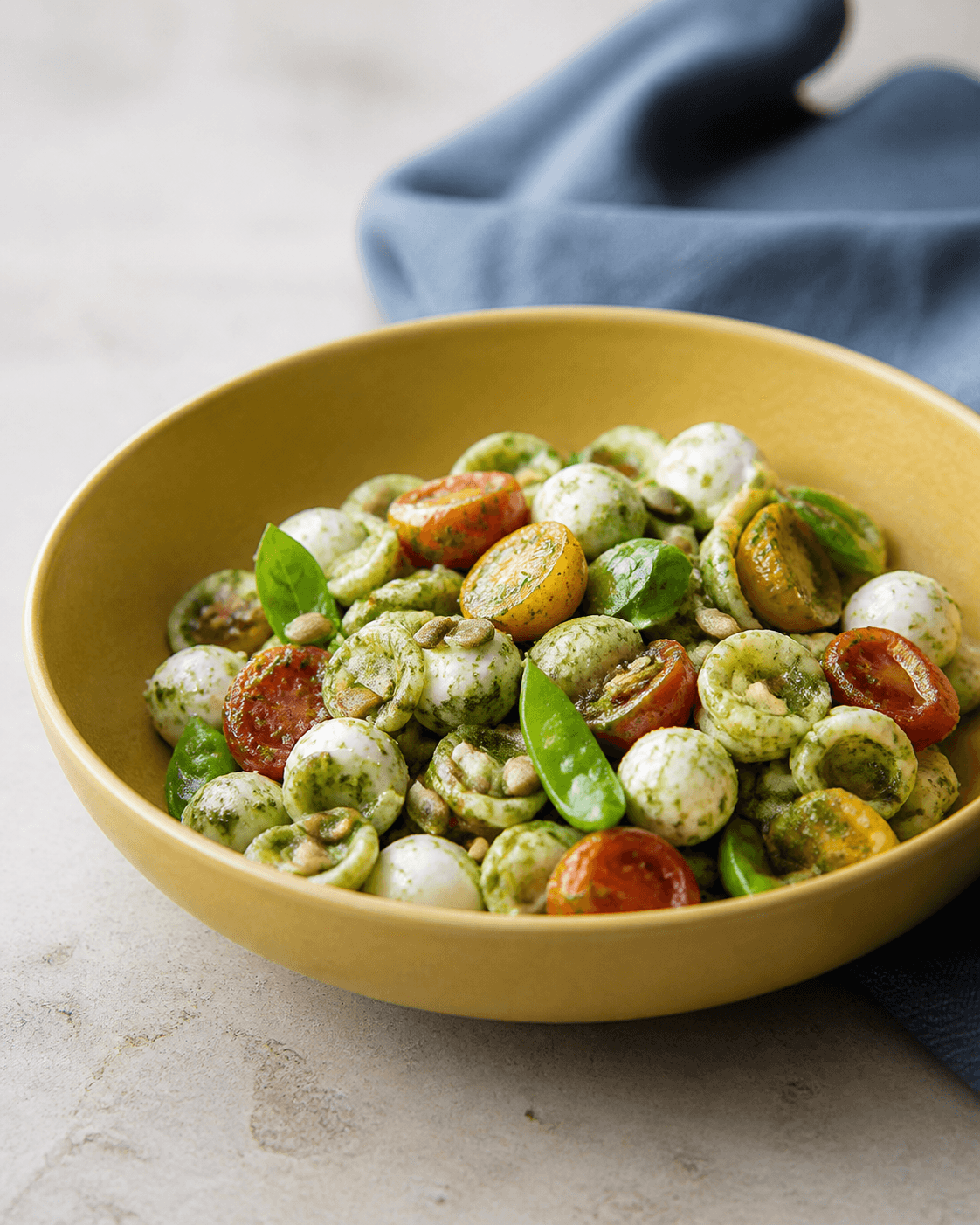 Kold orecchiette-pastasalat med grøn pesto, bagte røde og gule tomater, mozzarellakugler, sukkerærter og græskarkerner i gul skål