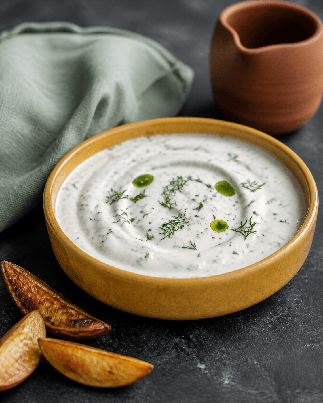 Tyk kold ranchdressing med purløg, dild, sort peber og urtedråber i lav sennepsgul skål med bagte kartoffelbåde