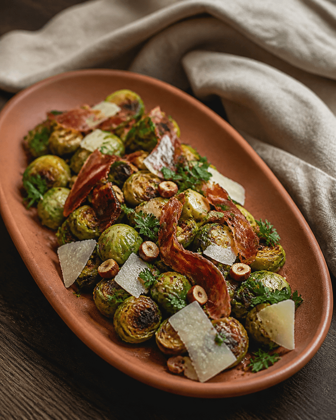 Stegte rosenkål med mørke snitflader, sprød serrano, parmesanflager, ristede hasselnødder og persille på terrakottafad