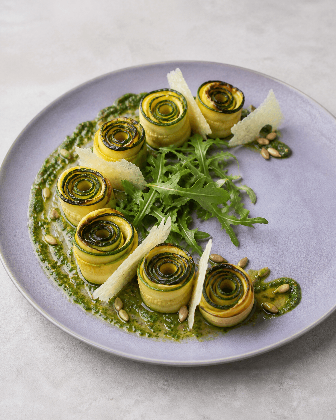Syv bagte squashroser af grønne og gule bånd med rucolapesto, frisk rucola, parmesanflager og solsikkekerner på lavendelfarvet tallerken