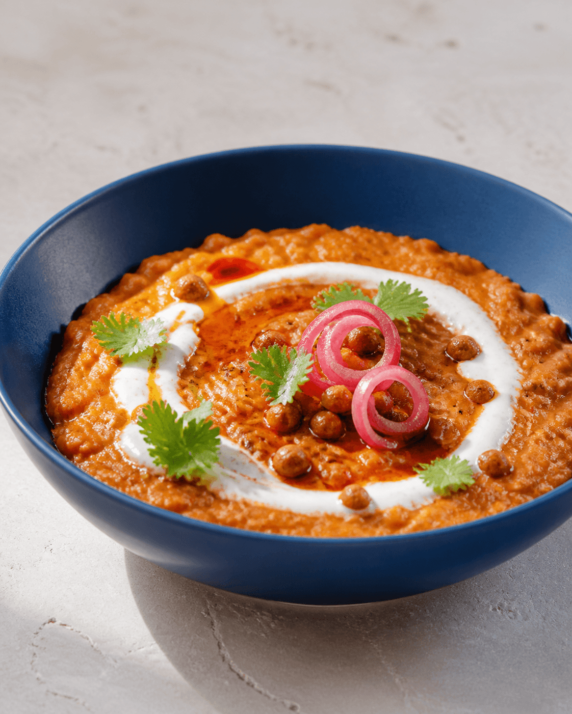 Tyk orange rød linsedahl med kokosspiral, chili-kumminolie, sprøde kikærter, koriander og syltede rødløgsringe i koboltblå skål