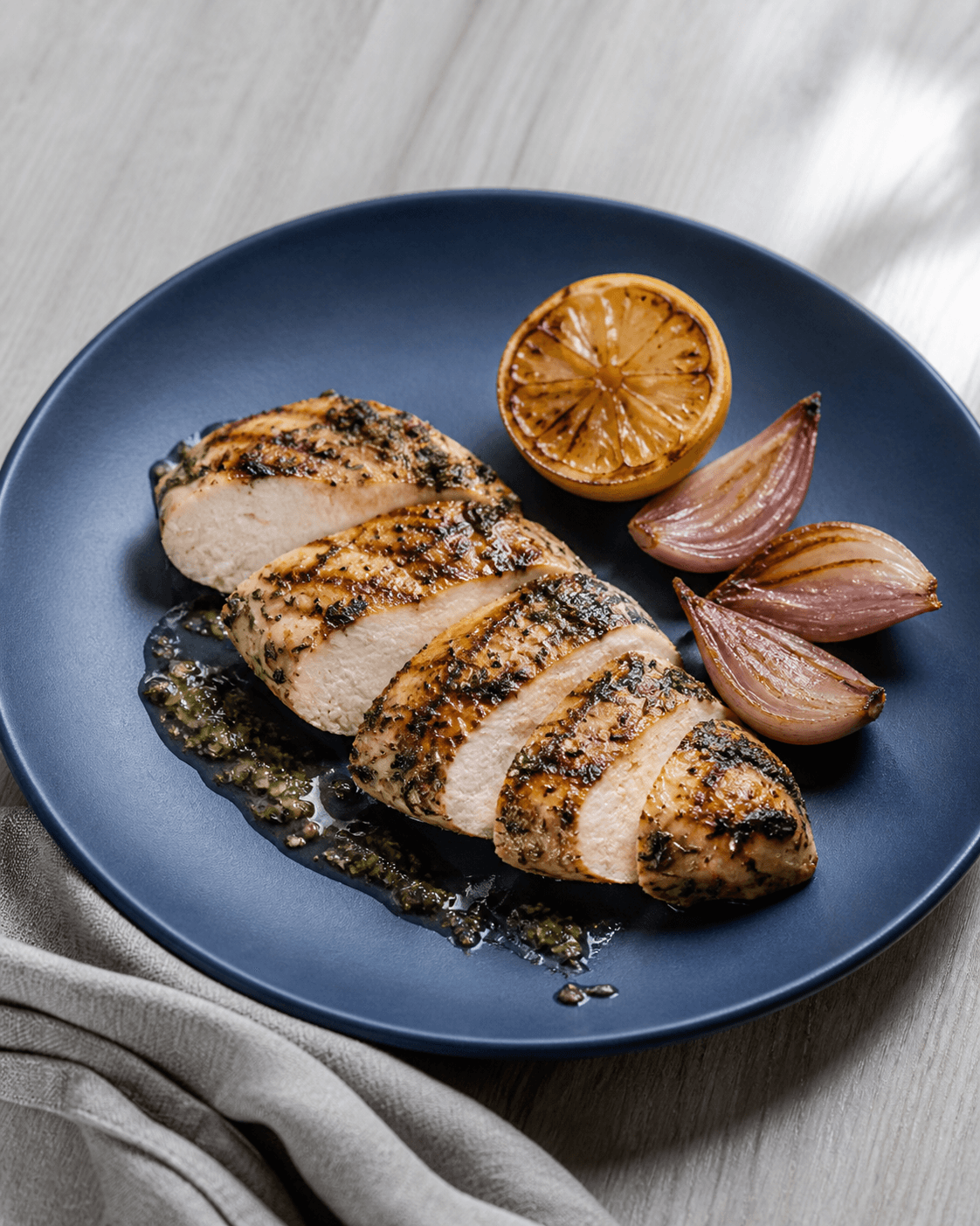 Helt gennemstegt citron-urtemarineret kyllingebryst i fem tykke skiver med urtesky, grillet citron og bagte skalotteløg på midnatsblå tallerken