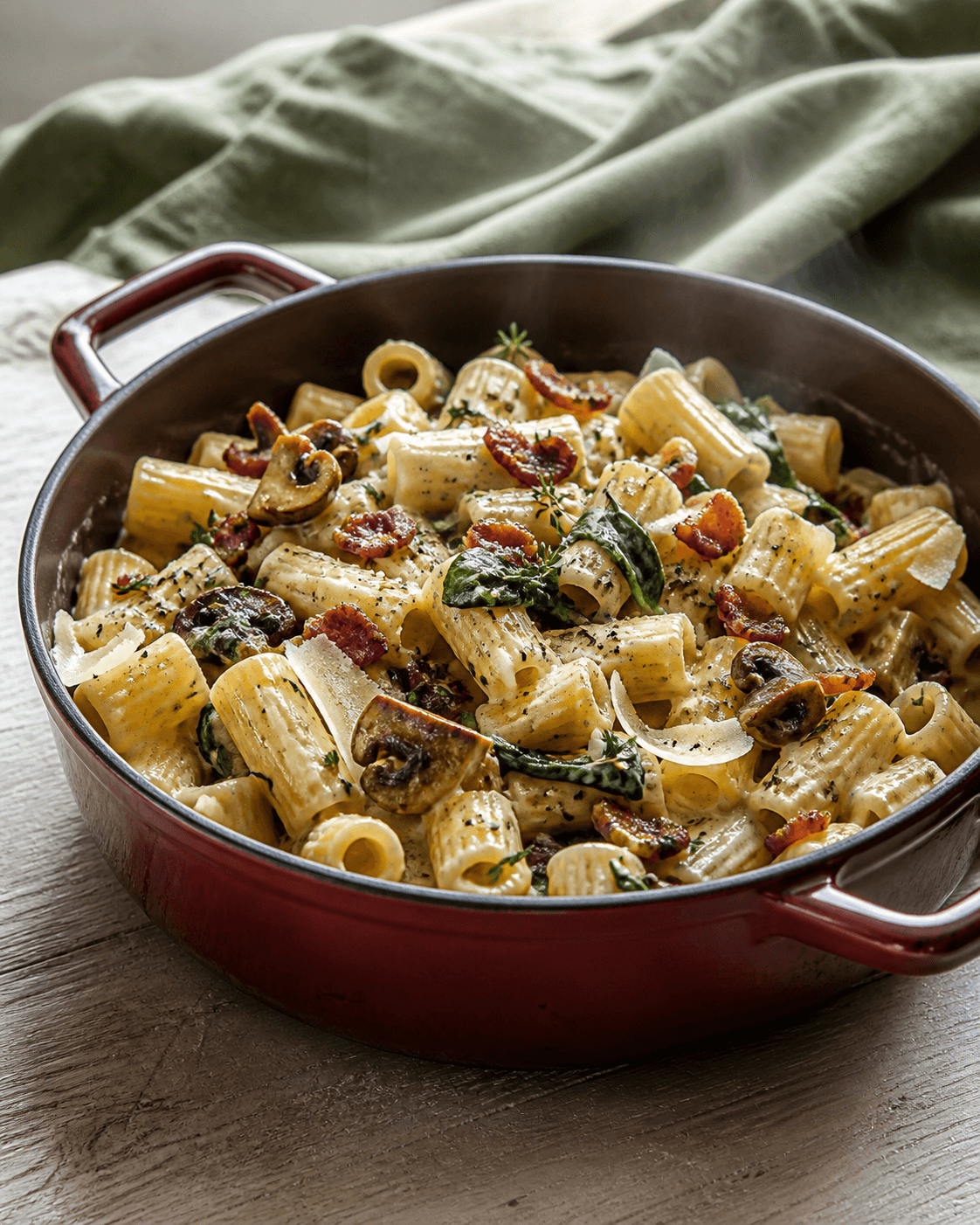 Cremet one pot rigatoni med brunede champignoner, sprød bacon, spinat, timian og ost i lav bordeauxrød gryde