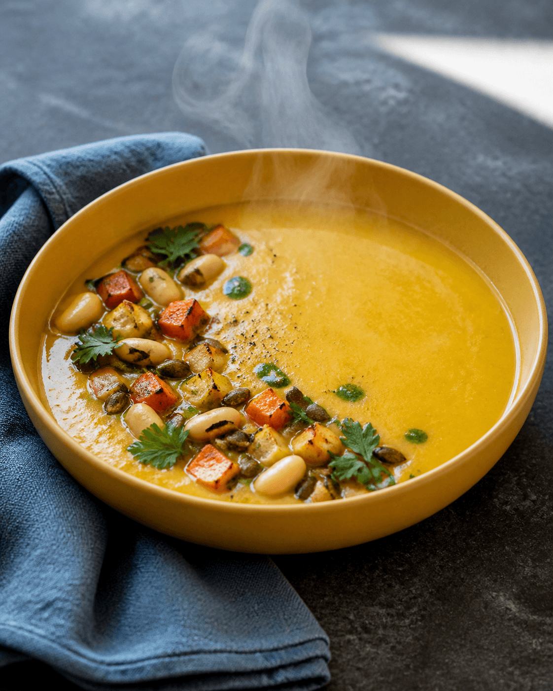 Gylden cremet suppe af bagte rodfrugter med hvide bønner, små ristede grøntsagstern, græskarkerner, persille og grøn olie i sennepsgul skål