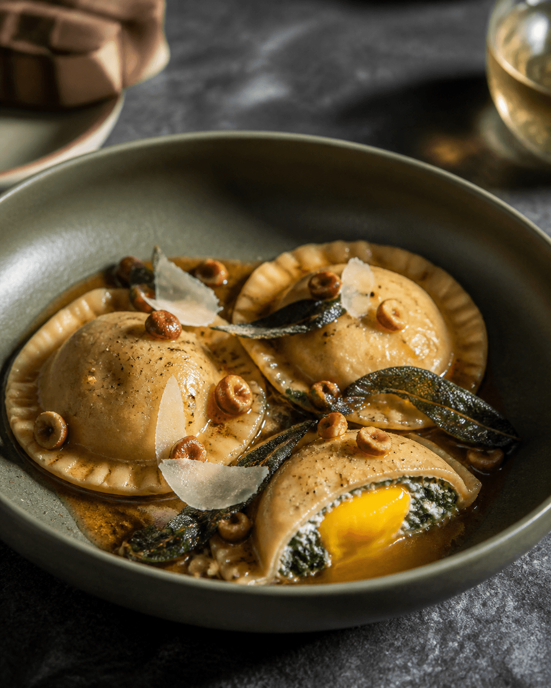 Tre runde ravioli med spinat-ricotta og pasteuriseret gylden æggeblomme i brunet salviesmør med hasselnødder i mosgrøn skål