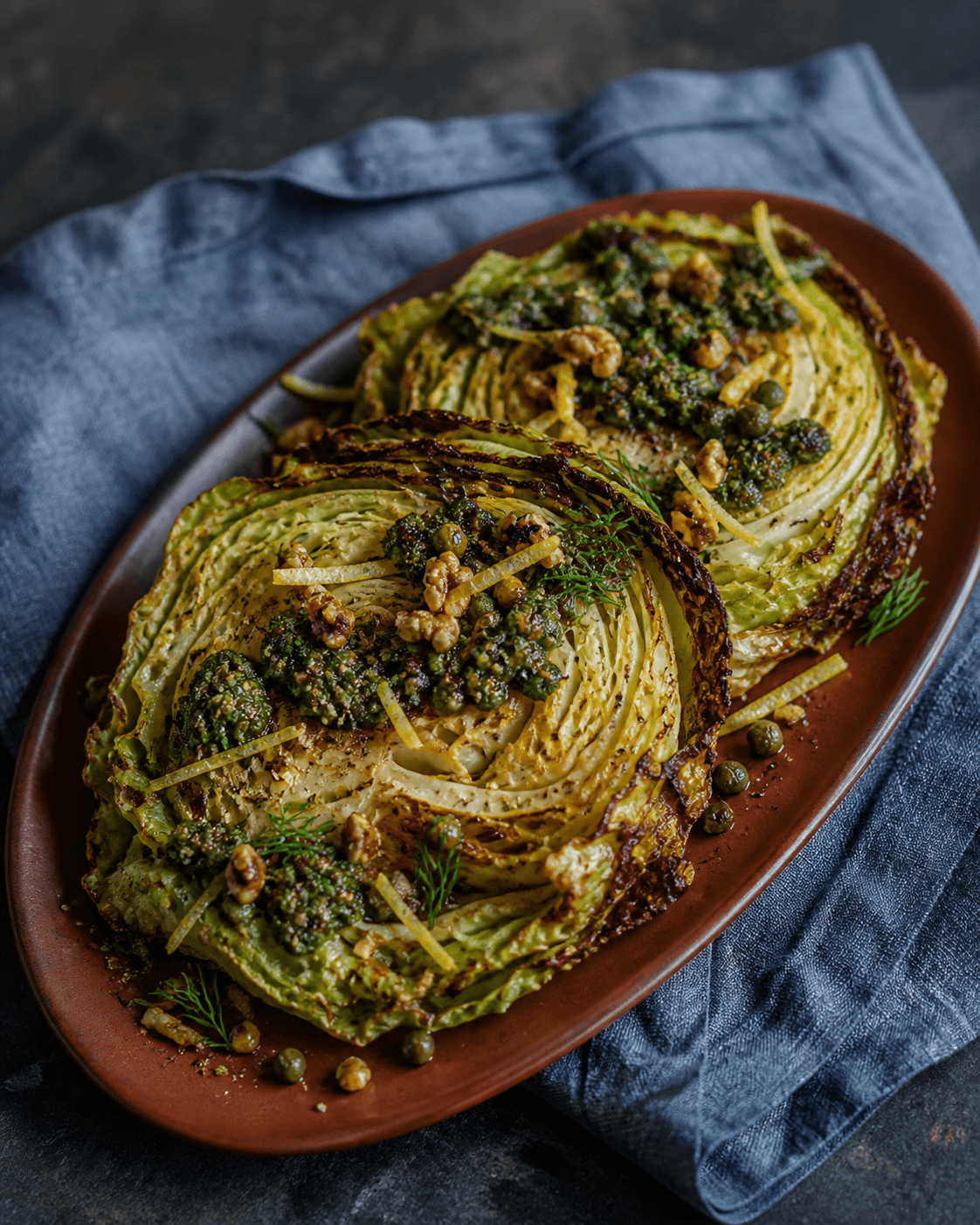 To karamelliserede runde savoykålssteaks med mørk rucola-valnøddepesto, sprøde kapers, citronstrimler og dild på rustfarvet fad