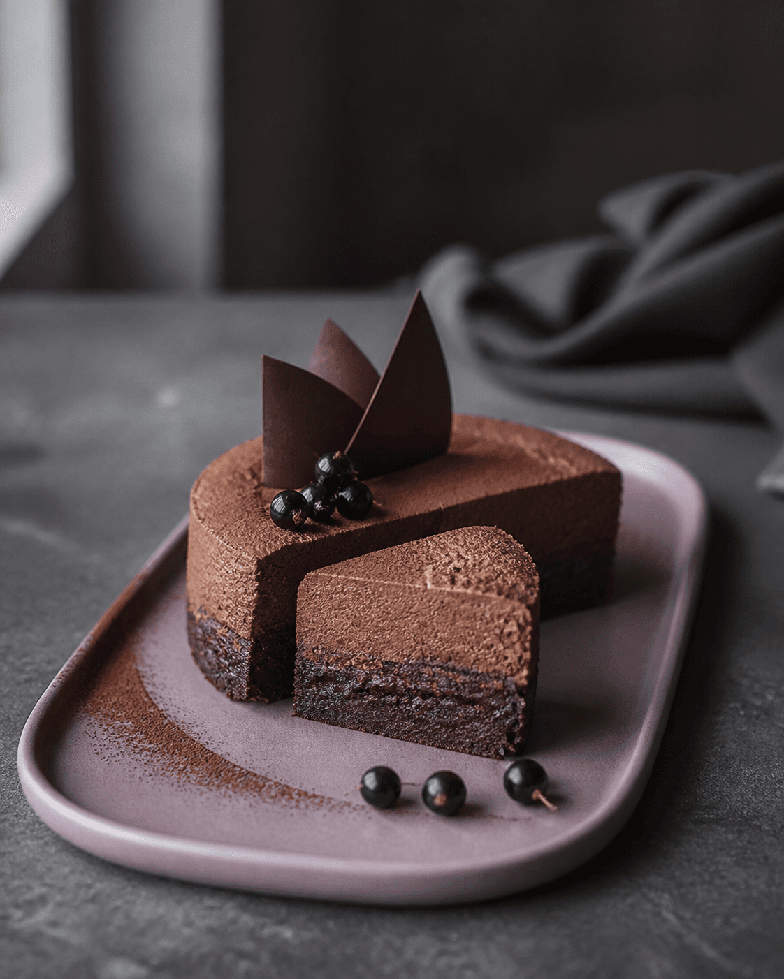 Oval Gateau Marcel med tæt bagt chokoladebund, luftig mørk chokolademousse, kakaostøv, mørke chokoladesejl og solbær på støvet rosa fad