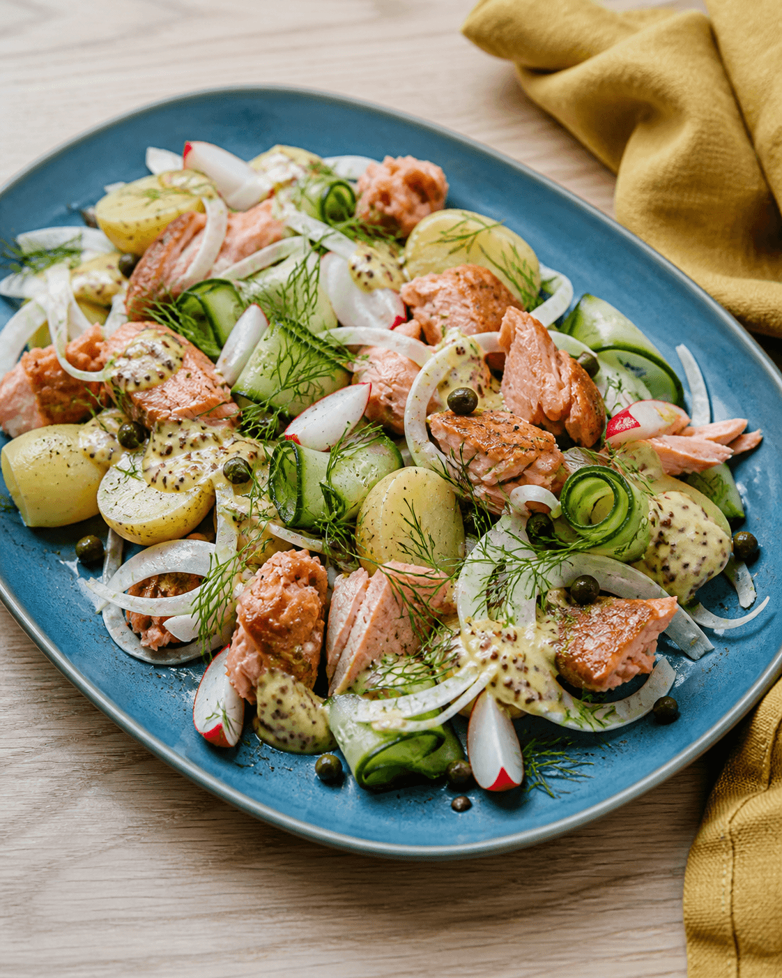Nordisk salat med store flager varmrøget laks, små kartofler, fennikel, agurk, radiser, dild, kapers og citron-sennepsdressing på petroleumsblåt fad