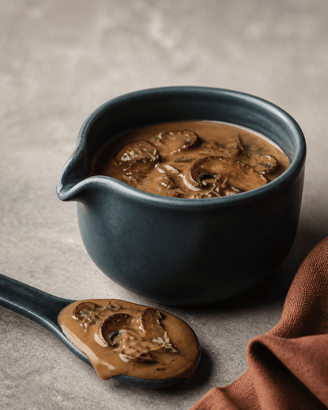 Blank kastanjebrun champignonsauce med karamelliserede brune champignonskiver, skalotteløg og timian i mat dyb petroleumsfarvet keramikkande med en smageske foran