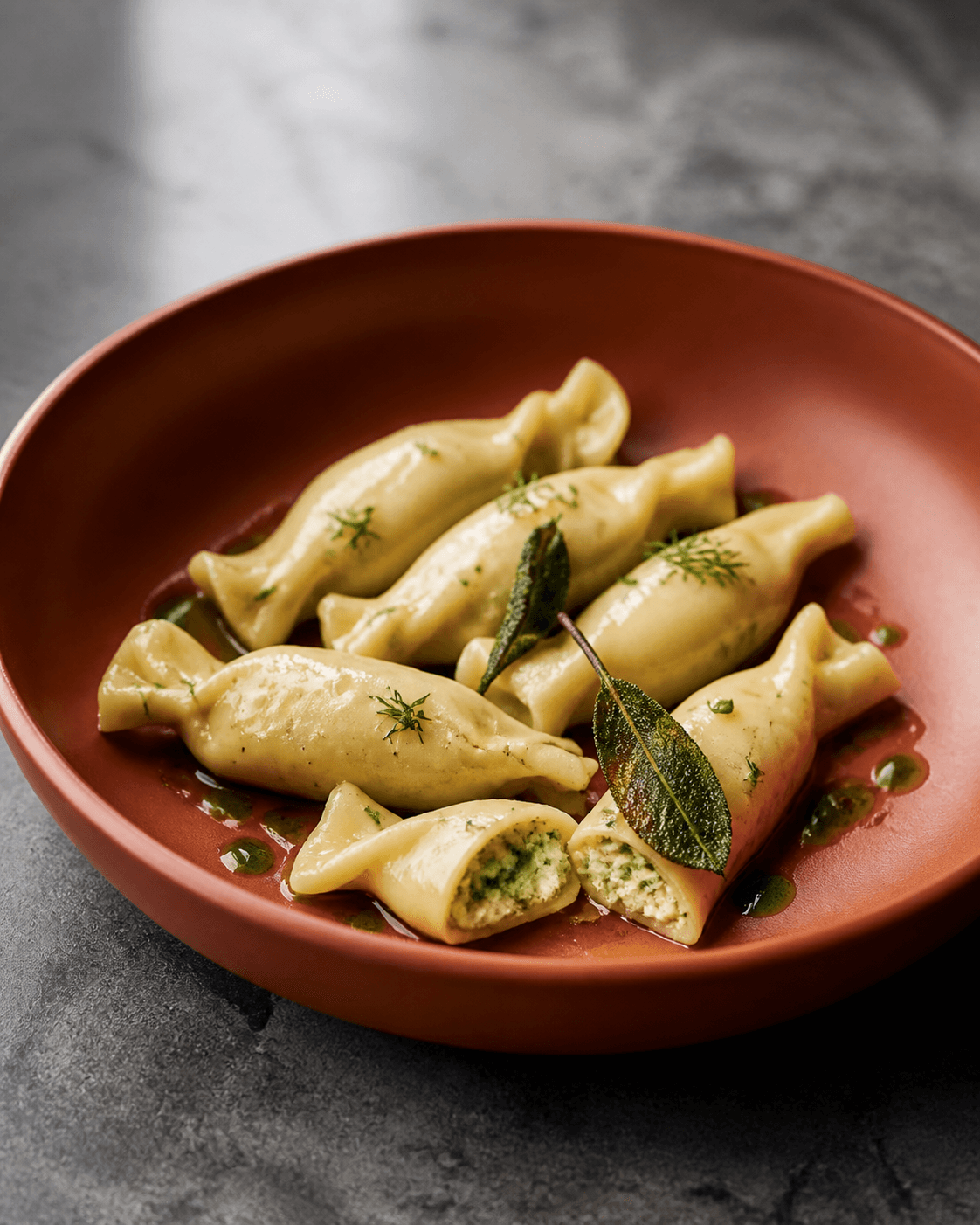Syv små bonbonformede pastapakker i blank parmesancreme med ricotta-, citron- og purløgsfyld, grøn urteolie og sprøde salvieblade i dyb mat rustorange skål