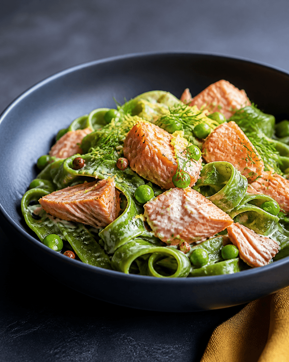 Grøn spinatpappardelle med store flager af gennemstegt ovnlaks, citron-crème-fraîche, ærter, dild og pink peber i dyb mat røget marineblå skål