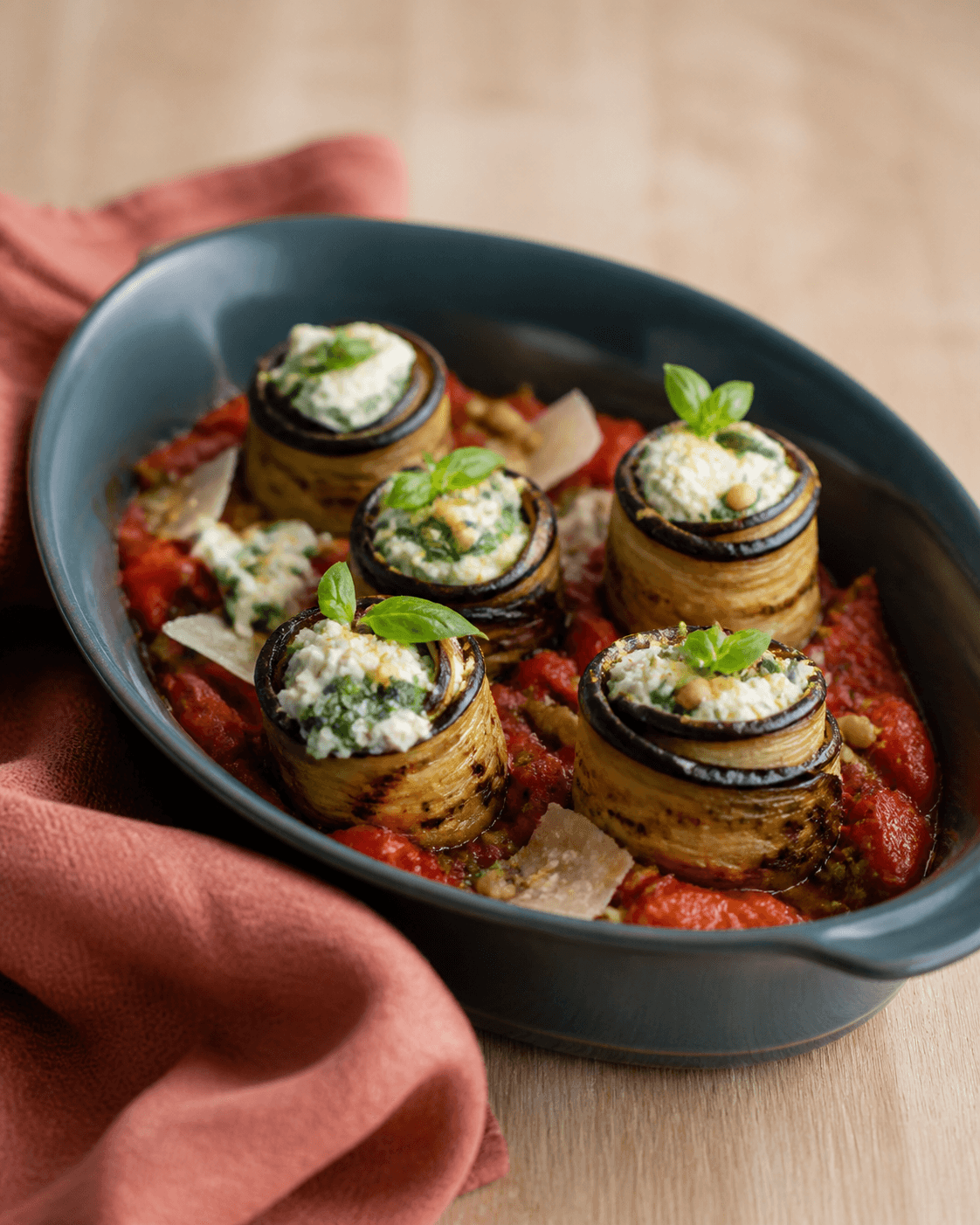 Fem opretstående brunede auberginerosetter med varm ricotta-spinatfyld, citron og urter i mat petroleumsgrøn gratinform med tomat-pebersauce, basilikum, pinjekerner og osteflager