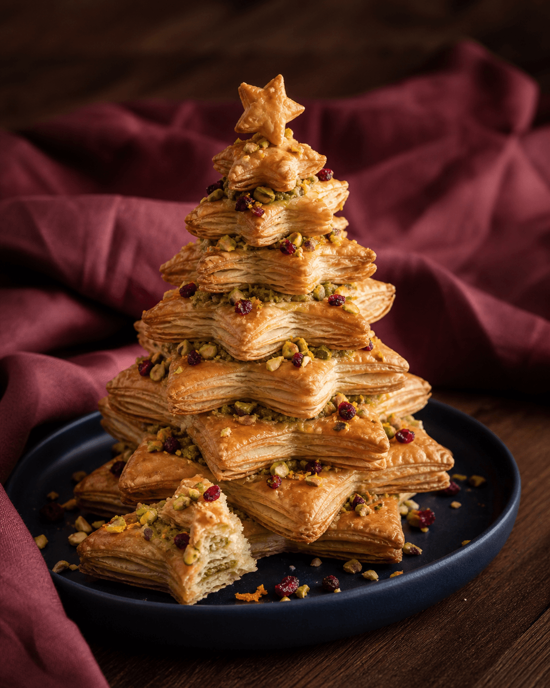 Opretstående juletræ af forskudte sprøde gyldne butterdejsstjerner med grøn pistacie-appelsinremonce, tørrede tranebær og lille stjerne på toppen på mat mørkeblåt fad