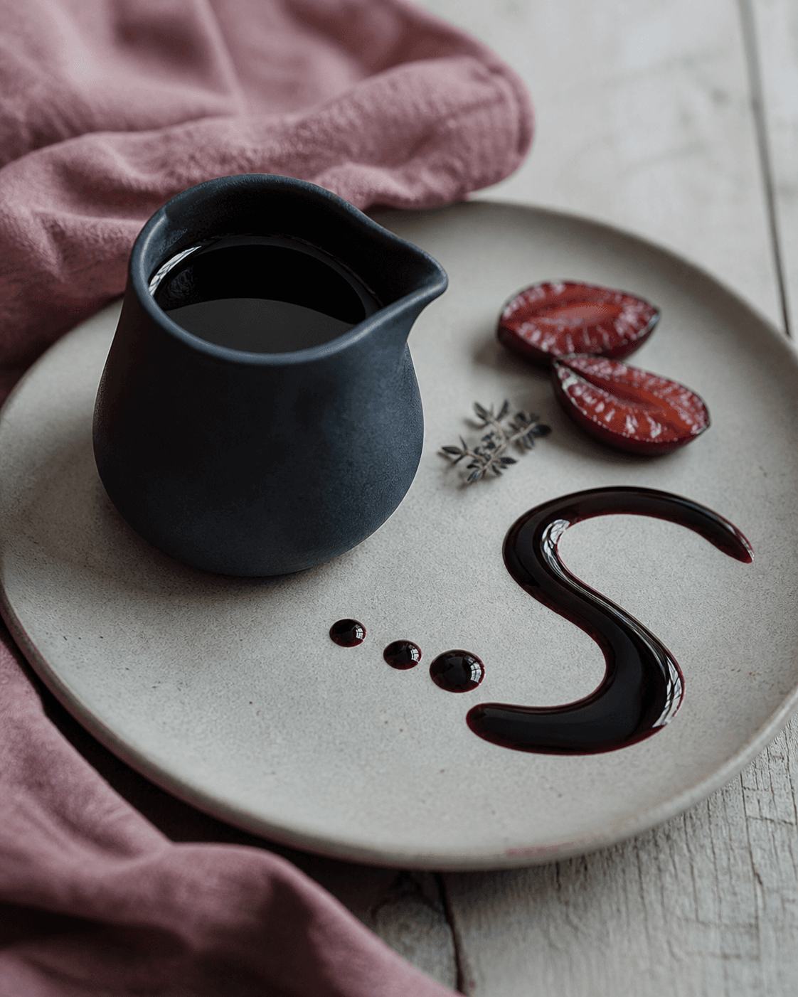 Tyk blank dybt granatrød balsamico-glace i lille mat midnatsblå kande med bred S-formet stribe og tre dråber på varmgrå tallerken ved ristede blommer og timian