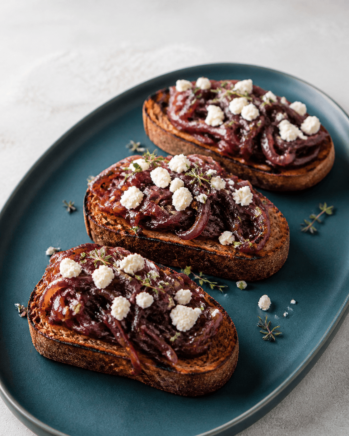 Tre grillede bruschetta med blanke rødløg, feta og timian på dyb teal tallerken