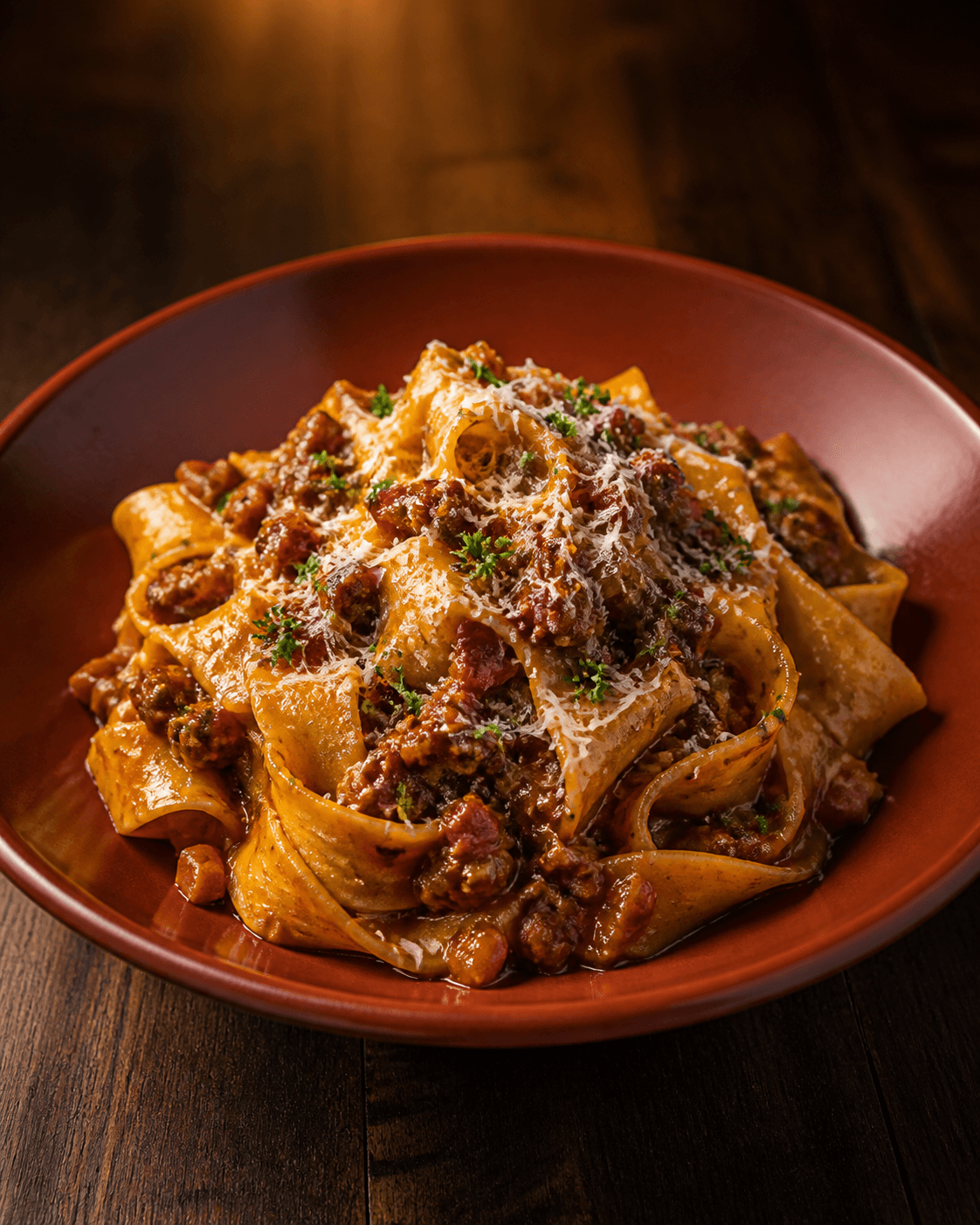 Bred pappardelle med tæt okse-svineragù, pancetta, fennikel og parmesan i rustfarvet skål