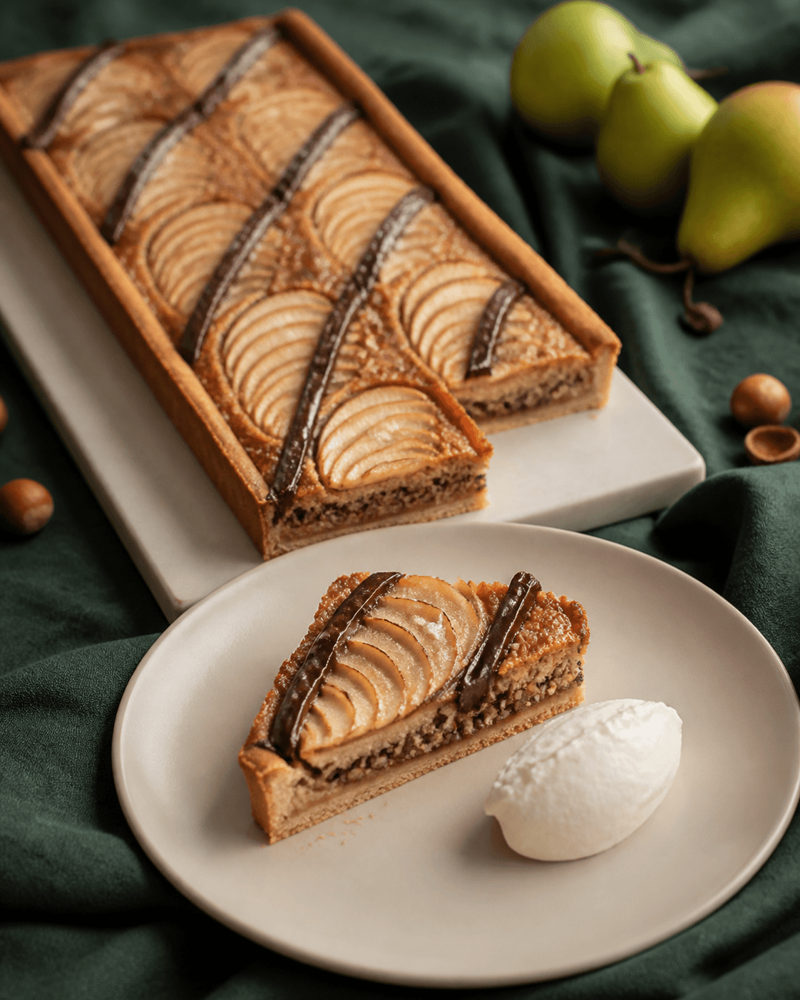 Rektangulær pæretærte med hasselnøddefrangipane, mørke ganachebånd og cremefraiche