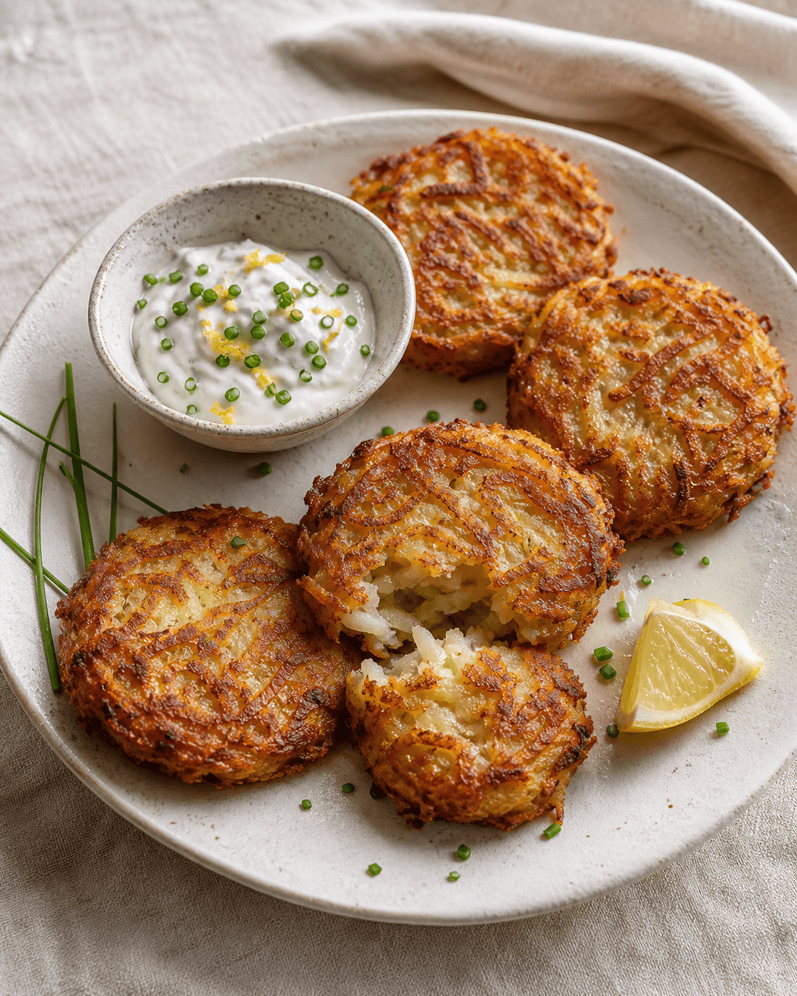 Fem sprøde gyldne kartoffelrösti med citron-purløgsdip på varm håndlavet keramik