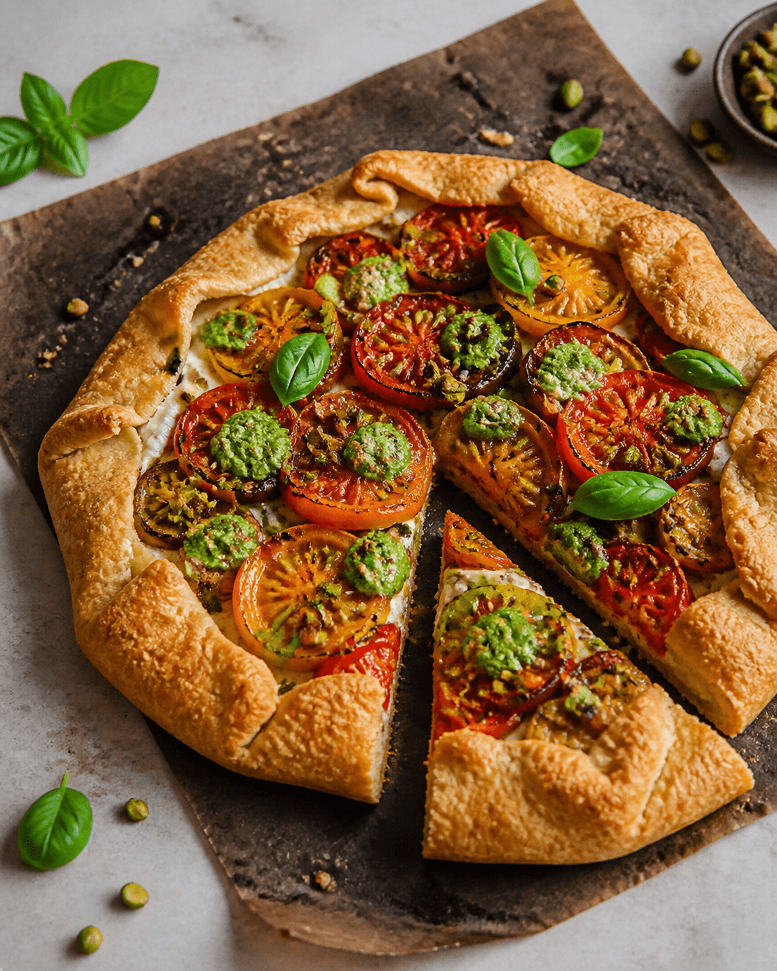 Rustik gylden tomatgalette med ricotta, farverige tomater, pistaciepesto og basilikum