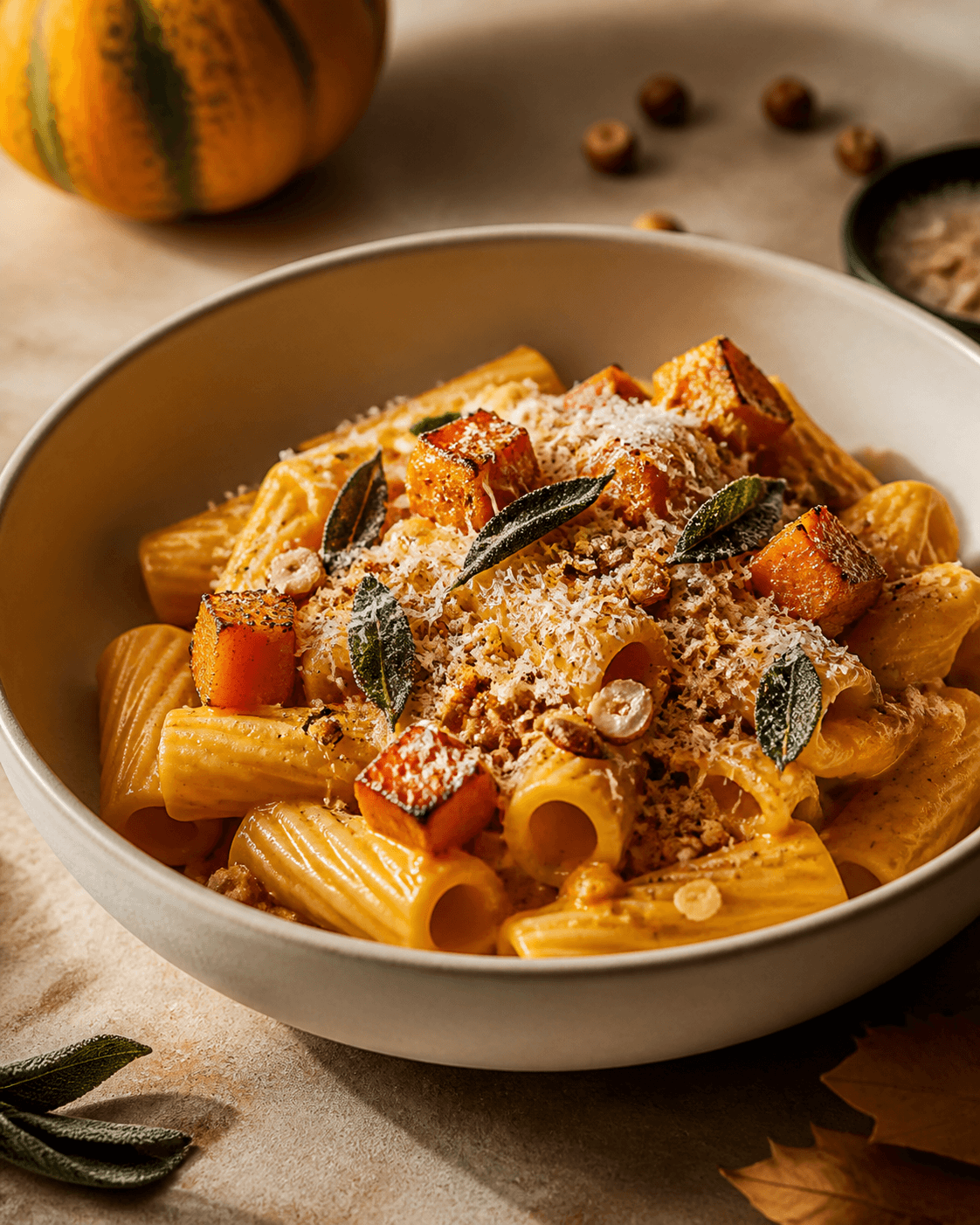 Rigatoni med orange græskarsauce, sprød salvie, hasselnødde-pangrattato og parmesan