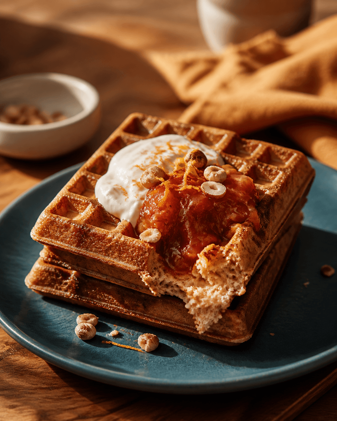 Sprøde kærnemælksvafler med brunet smør, appelsin-rabarberkompot, creme fraiche og hasselnødder