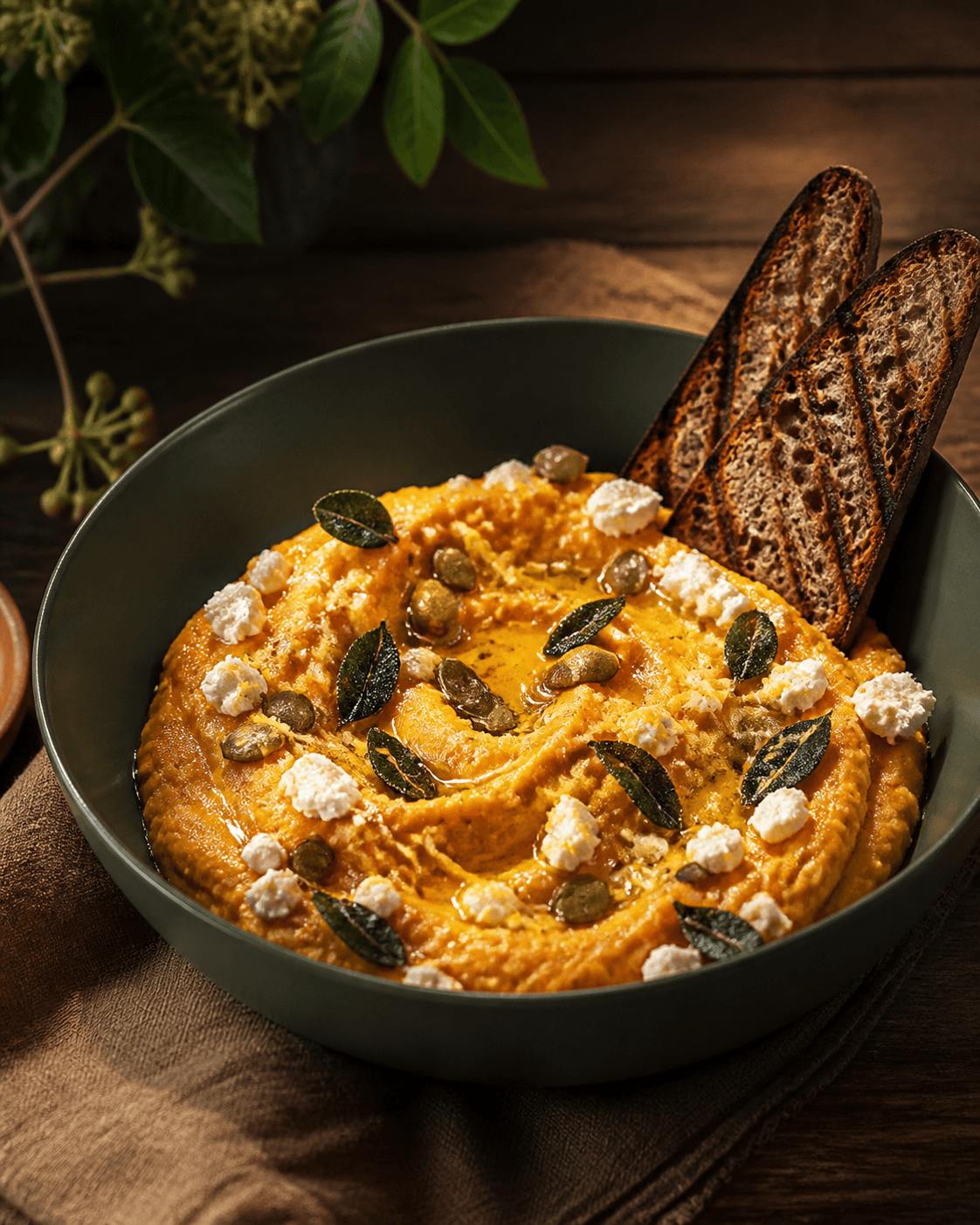 Orange hokkaido-hvidebønnemos med feta, sprød salvie, græskarkerner og ristet surdejsbrød
