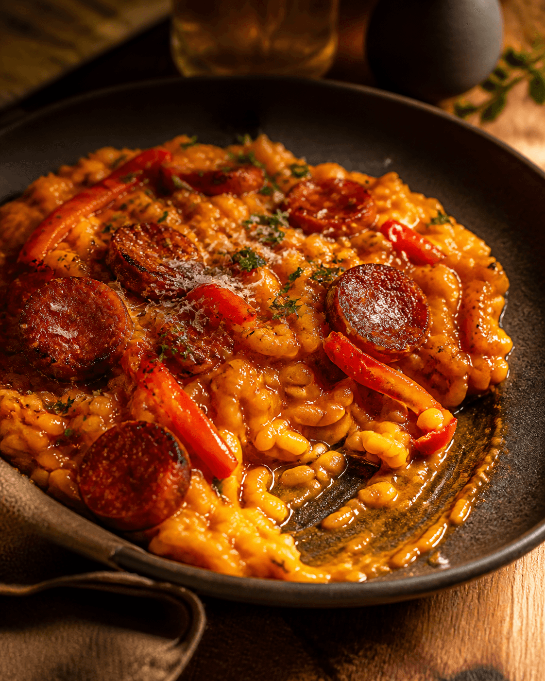 Cremet chorizorisotto med ristede røde peberfrugter, manchego og persille