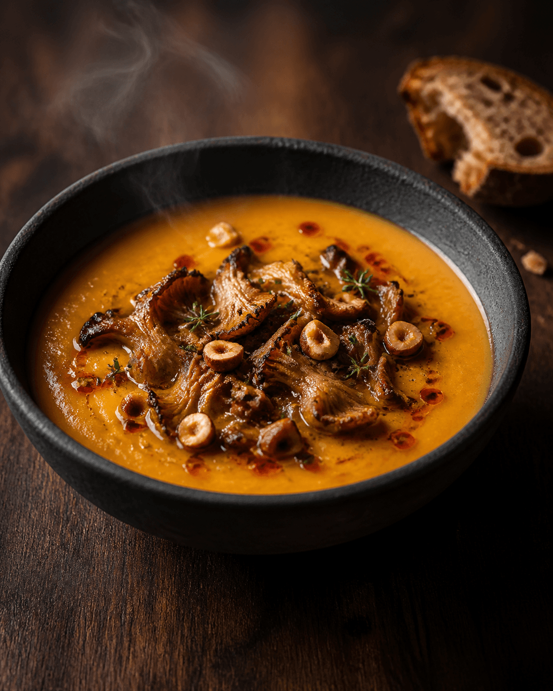 Silkeblød butternutsuppe med æble, hvid miso, sprøde østershatte og hasselnød-chiliolie